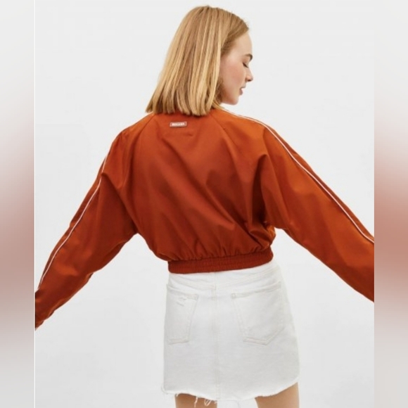 Bershka Orange Zipper Crop Jacket White Stripe Sz L Preppy Revival Tenniscore - Picture 10 of 13
